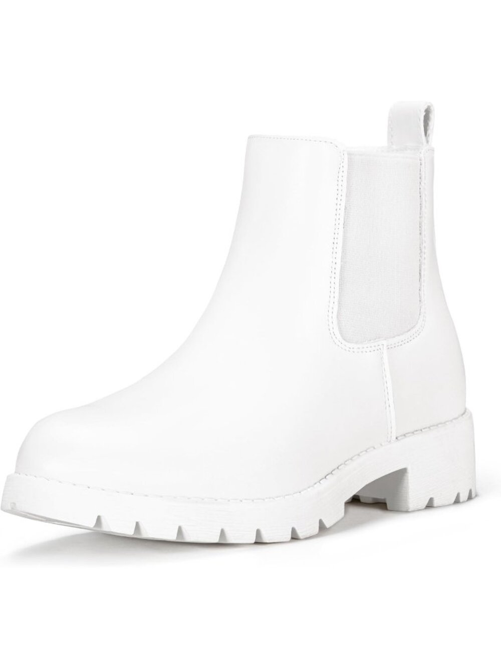Women's White Elastic Side Round Toe Chelsea Ankle Boots Pull-On Low Heel Boots
